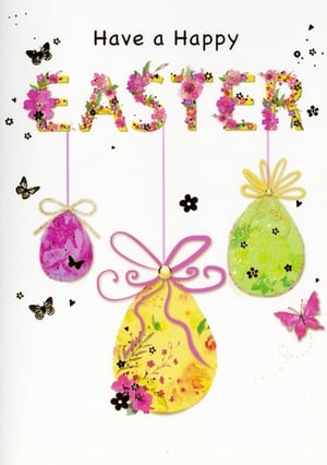 Send warm wishes this spring with our charming 'Open Easter' cards from Simon Elvin. Each card features a delightful design, wishing recipients 'Have a Happy Easter' with the word 'EASTER' beautifully adorned with colourful flowers and shimmering glitter. Below, three intricately decorated Easter eggs hang, showcasing vibrant shades of pink, yellow, and green, each finished with a pretty bow. Delicate butterflies and subtle sparkle add a touch of enchantment to this festive greeting. Ideal for spreading joy, these cheerful cards come in a convenient pack of 6, making them perfect for sharing with loved ones this Easter season.
