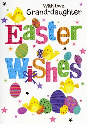 Make your granddaughter's Easter extra special with this delightful card from Simon Elvin. Featuring a wonderfully vibrant design, it's bursting with cheerful yellow chicks, beautifully decorated Easter eggs, and sparkling stars. The playful 'Easter Wishes' message is presented in colourful, patterned letters, making it truly eye-catching. This charming card is the perfect way to send your love and warm greetings. Supplied in a convenient pack of 6, it's an excellent addition to any retail display, ready to bring smiles this Easter season.