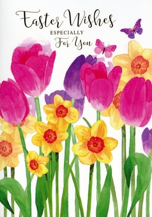 Bring a burst of spring cheer to your customers with our delightful Open Easter cards from Simon Elvin. This beautiful design features a vibrant watercolour illustration of blooming pink and purple tulips alongside cheerful yellow daffodils, all adorned with playful butterflies. The heartfelt message "Easter Wishes ESPECIALLY For You" is perfect for sharing warm greetings with loved ones. Each pack contains 6 of these charming cards, ready to brighten anyone's Easter. Stock up now and help your customers spread joy this season!