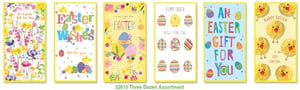 Present your Easter gifts beautifully with this assortment of Simon Elvin Easter Money Wallets. This pack includes 36 wallets, featuring 6 distinct designs, with 6 of each for a varied selection. Each wallet offers a neat way to present a monetary gift or voucher.
The designs showcase a range of Easter themes: from delicate floral patterns and cheerful chicks to vibrant Easter eggs and bold "Happy Easter" greetings. There's a style to appeal to every customer, whether they prefer traditional spring motifs or more playful, modern illustrations. These wallets are a thoughtful touch for any Easter celebration.