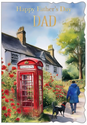 Discover the perfect Father's Day card with our 'Dad' design, brought to you by Out of The Blue Studios Ltd. This delightful card features a classic British village scene, complete with an iconic red telephone box surrounded by a burst of vibrant red flowers. A peaceful stroll is depicted as a man walks his dog past a charming cottage, creating a warm and nostalgic feel. The golden 'Happy Father's Day DAD' message adds a touch of elegance. Ideal for expressing heartfelt appreciation, these cards come in a handy pack size of 1x6, ready for your customers.
