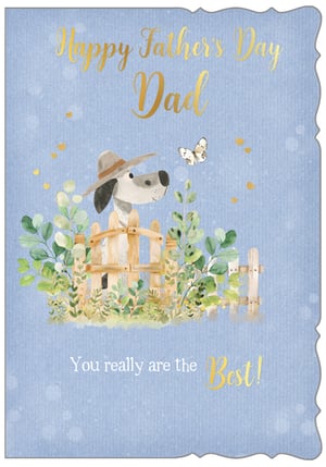 Celebrate Father's Day with our adorable 'Dad' card, designed to bring a smile to any father's face. This charming card features a sweet dog in a hat, peeking over a rustic fence amidst lush greenery, with a delicate butterfly fluttering nearby. The soft blue background and decorative edges add a touch of elegance, while the gold foil lettering for "Happy Father's Day Dad" and "You really are the Best!" makes the message truly shine. Perfect for expressing love and appreciation, this card offers a warm and heartfelt sentiment. Supplied by Out of The Blue Studios Ltd., each pack contains 6 of these delightful cards, ready to be a favourite among your customers.