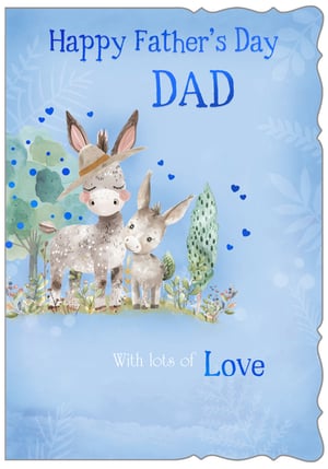 Celebrate Father's Day with our utterly charming 'Dad' card, brought to you by Out of The Blue Studios Ltd. This delightful card features an endearing watercolour illustration of a father donkey and his little one, beautifully capturing the special bond between a dad and child. Adorned with subtle blue hearts and lush greenery, the soft blue background and decorative border add a touch of elegance. The heartfelt message, 'Happy Father's Day DAD, With lots of Love', makes it the perfect choice for showing appreciation. Supplied in a convenient pack of 6, these cards are sure to be a popular pick for your customers this Father's Day.