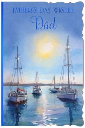 Make Dad's day truly special with this exquisite Father's Day card from Out of The Blue Studios Ltd. This charming design features a tranquil watercolour illustration of sailboats gracefully resting on shimmering blue waters, bathed in the warm glow of the sun. The elegant 'FATHER'S DAY WISHES Dad' message is beautifully presented, creating a heartfelt sentiment. With its distinctive wavy edge and artistic appeal, this card offers a touch of sophistication. Supplied in a convenient pack of 6, it’s an ideal choice for retailers seeking high-quality, memorable cards for their customers this Father's Day.