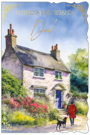 Offer your customers a truly special way to celebrate Father's Day with this delightful "Dad" greeting card from Out of The Blue Studios Ltd. This beautiful watercolour design captures the serene charm of a country cottage, surrounded by a lush, colourful garden. A peaceful scene unfolds with a person and their dog enjoying a gentle walk, adding a touch of warmth. Adorned with "Father's Day Wishes" and "Dad" in elegant gold script, this card conveys heartfelt sentiment. Supplied in a convenient pack of 6, it's an ideal choice for retailers seeking quality and character.