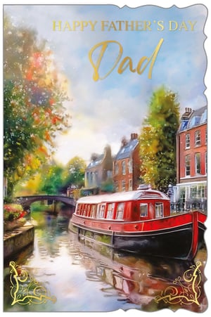 Presenting our delightful 'Dad' Father's Day card, a truly charming choice for your customers. From Out of The Blue Studios Ltd, this card features a picturesque canal scene, brought to life with a vibrant red narrowboat, quaint riverside buildings, and lush, colourful foliage. The artistic, painterly style creates a warm and inviting feel. 'Happy Father's Day Dad' shines in elegant gold foil, beautifully framed by decorative gold flourishes and a distinctive wavy edge. This card offers a heartfelt way to celebrate fathers. Supplied in a handy pack of 6, it's an ideal addition to your Father's Day collection.