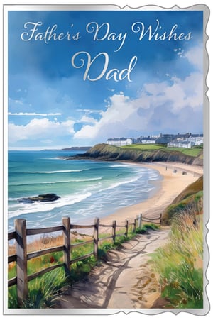 Celebrate Dad this Father's Day with this truly picturesque card from Out of The Blue Studios Ltd. Featuring a stunning watercolour illustration of a serene coastal path overlooking a beautiful beach, it's the perfect way to send your warmest wishes. The tranquil scene, complete with rolling waves and charming seaside houses, evokes a sense of peace and appreciation. With elegant silver foil lettering proclaiming 'Father's Day Wishes Dad', this card offers a heartfelt message in a beautiful package. Stock up your shelves with these delightful cards, available in convenient packs of 6, and help your customers make Dad's day extra special.