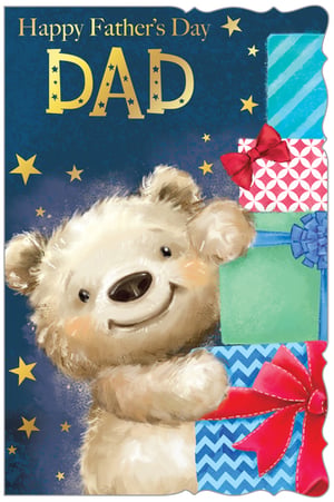 Make Father's Day extra special with this delightful greeting card from Out of The Blue Studios Ltd. This charming design features a sweet, rosy-cheeked teddy bear peeking playfully from behind a vibrant stack of patterned gift boxes, ready to celebrate. The deep blue background is sprinkled with golden stars, beautifully framing the "Happy Father's Day DAD" message, where even the letters 'DAD' sparkle with tiny stars. It's a heartwarming card, perfect for expressing love and appreciation to fathers everywhere. Stock up with this lovely design, available in a convenient pack size of 1x6, ready for your customers.