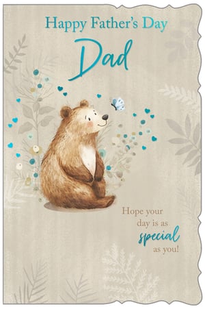 Presenting the 'Dad' Father's Day card, a heartwarming choice for customers celebrating their fathers. This charming design showcases a sweet bear gazing at a delicate butterfly, amidst whimsical blue hearts and subtle botanical details. The gentle colour palette and unique border offer a touch of handcrafted appeal. The loving message reads "Happy Father's Day Dad, Hope your day is as special as you!". From Out of The Blue Studios Ltd., these delightful cards are supplied in a convenient pack of 6, making them a lovely addition to your seasonal card range.