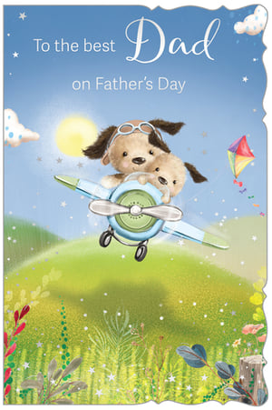 Help your customers celebrate Father's Day with this truly charming "Dad" greeting card from Out of The Blue Studios Ltd. This delightful design features two adorable dog aviators, complete with goggles, soaring through a bright blue, star-dusted sky in their little propeller plane. Below, a vibrant green landscape unfolds, dotted with wildflowers and a colourful kite dancing in the breeze. It's a heartwarming and whimsical scene, perfect for conveying love and appreciation to any dad. This high-quality card is an excellent choice for your Father's Day range. Available in a convenient pack size of 1x6.