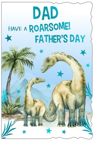 Celebrate Father's Day with our charming 'Dad' card, a delightful choice for any retailer. This card features an adorable watercolour illustration of a large and small long-necked dinosaur, creating a heartwarming father-and-child scene. Set against a serene backdrop of tropical palms and distant mountains under a light blue sky, the design is enhanced with playful blue stars. The fun message, 'DAD HAVE A ROARSOME! FATHER'S DAY', makes it a memorable greeting. Offer your customers something special this Father's Day. Available in a convenient 1x6 pack, proudly supplied by Out of The Blue Studios Ltd.