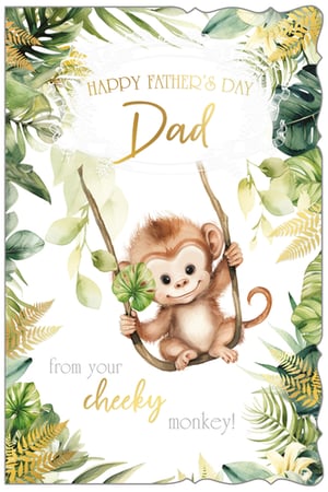 Celebrate Dad this Father's Day with our utterly charming 'Dad' greeting card! From Out of The Blue Studios Ltd., this delightful design features an adorable, smiling baby monkey swinging playfully amidst lush green and golden foliage. The heartwarming message, 'HAPPY FATHER'S DAY Dad from your cheeky monkey!', is beautifully highlighted with elegant gold lettering, adding a touch of sparkle. Perfect for sons and daughters to send their love, this card is sure to bring a smile to any dad's face. Stock up your shelves with this sweet and memorable card, available in a convenient pack of 6.
