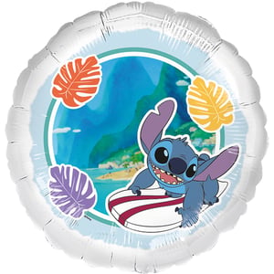 Bring a splash of Hawaiian fun to any celebration with our delightful 18" Stitch Surfboard foil balloon! Perfect for fans of Disney's Lilo & Stitch, this vibrant balloon features everyone's favourite mischievous alien, Stitch, happily riding a surfboard against a stunning tropical beach backdrop. Lush green mountains, sparkling blue waters, and colourful palm leaves complete this summery scene, making it an instant party favourite.
This eye-catching round balloon is ideal for birthdays, themed parties, or simply to brighten someone's day. Supplied by Folat, each high-quality balloon comes individually, ready to inflate and add a touch of playful charm. Get ready to make waves with Stitch!
