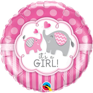 Celebrate the arrival of a precious little one with our charming 18" It's A Girl foil balloon! This round balloon is a perfect decoration for baby showers, gender reveals, or welcoming home a new arrival. It showcases a sweet design featuring two adorable elephants, one pink and one grey, playfully holding hearts with their trunks. This delightful scene is framed by a pretty cloud shape. The balloon's vibrant pink background is decorated with cheerful polka dots on the top half and classic stripes on the bottom, creating a truly festive look. Each balloon is supplied individually by Folat, making it easy to add a special touch to your celebration. Announce 'It's a GIRL!' with this lovely balloon.
