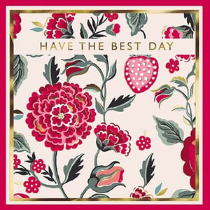 Brighten someone's special day with this delightful 'Open Birthday Female' card from the Great British Card Company. This charming design features a vibrant floral pattern, showcasing beautiful pink and red blooms, lush green foliage, and a whimsical pink strawberry, all set against a soft cream background.

The elegant gold lettering wishing "HAVE THE BEST DAY" adds a touch of sophistication, framed by a delicate gold inner border and a bold fuchsia outer edge. Perfect for celebrating any female's birthday, this card is sure to bring a smile. Available in a convenient pack of 6, it's an ideal choice for your retail offering.