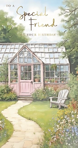 Celebrate a special friend's birthday with this truly enchanting card from the Great British Card Company. Featuring a beautifully painted scene, it captures the serene charm of a sun-drenched garden, complete with a delightful pink greenhouse, a winding stone path, and vibrant floral borders. A classic white Adirondack chair invites relaxation, creating a perfect tranquil setting.
The elegant gold foil lettering reads 'TO A Special Friend ON YOUR BIRTHDAY', making it an ideal choice for conveying heartfelt wishes to a cherished female friend. This exquisite design offers a touch of timeless beauty and warmth, sure to brighten her special day. Stock up on this popular design, available in a convenient pack of 6, to ensure your customers can always find the perfect card.