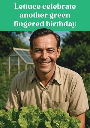 Bring a smile to your customers' faces with this delightful 'Open Humorous' birthday card from the Great British Card Company. Featuring a cheerful gardener proudly displaying his lettuce, this card cleverly puns "Lettuce celebrate another green fingered birthday". It's the perfect choice for anyone who loves gardening, enjoys a good laugh, or simply appreciates a unique and charming design.

This card is sure to stand out on your shelves and appeal to a wide range of customers looking for something a little different. Stock up with our convenient 1x6 pack size and add a touch of British wit to your greeting card selection. A truly fresh addition to any card display!
