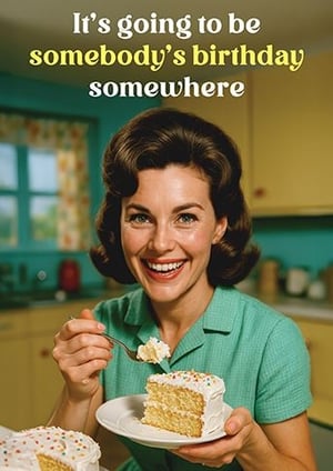 Add a touch of retro charm and a guaranteed smile to your card selection with this wonderfully witty birthday card. Featuring a cheerful woman enjoying a delicious slice of cake, the classic caption "It's going to be somebody's birthday somewhere" is instantly relatable and sure to bring a chuckle.

This 'Open Humorous' card, supplied by the renowned Great British Card Company, is perfect for anyone who appreciates a good laugh and a sweet treat. Its vibrant design and light-hearted message make it a fantastic choice for any birthday celebration. Available in a convenient pack of 6, it's an ideal addition to your greeting card range.