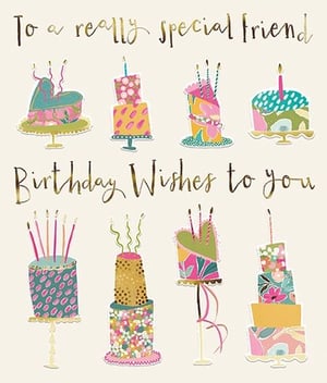 Celebrate those wonderful female friendships with this delightful birthday card! From the Great British Card Company, this charming design features an array of beautifully illustrated, whimsical birthday cakes, each adorned with candles and bursting with vibrant colours. The elegant gold foil lettering adds a touch of sparkle, wishing 'Birthday Wishes to you' and declaring 'To a really special Friend'. Perfect for showing appreciation to a cherished female friend, this card is sure to bring a smile. Available in a convenient pack of 6, it's an ideal addition to your greeting card selection.