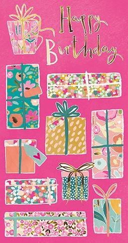 Celebrate her special day with this delightful Female Birthday Money Wallet. Featuring a vibrant pink background adorned with an array of beautifully illustrated gift boxes in cheerful floral and abstract patterns, it's sure to bring a smile. The elegant 'Happy Birthday' message in gold and white adds a touch of sparkle.
This eye-catching design is perfect for presenting a monetary gift or voucher, making it a thoughtful and stylish choice for any female recipient. Its colourful and fresh aesthetic makes it stand out, ensuring your gift is wrapped in joy. A truly lovely way to wish someone a very happy birthday.