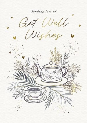 Send heartfelt comfort with our 'Get Well Female' card, a truly thoughtful design from the Great British Card Company. This elegant card features a charming illustration of a teapot and teacup, nestled amongst delicate foliage. Shimmering gold accents and sweet little hearts add a touch of warmth and sparkle. The graceful script, "Sending lots of Get Well Wishes," conveys your care beautifully. Perfect for offering cheer and support to a special woman, these lovely cards are available in a convenient pack of six, ensuring you’re always ready to share a kind message.