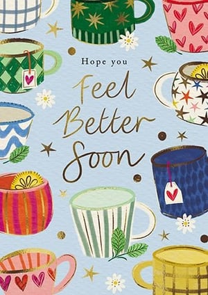 Brighten someone's day with our charming "Get Well Female" card. This delightful design showcases a collection of beautifully illustrated, colourful mugs and cups, each brimming with comforting cheer. Adorned with sparkling gold accents, delicate white flowers, and the heartfelt message "Hope you Feel Better Soon," it's the perfect way to send warm wishes. The serene blue background provides a gentle touch, making this card an inviting gesture for anyone needing a pick-me-up. Crafted with care by the Great British Card Company, this card combines quality with a truly lovely sentiment.