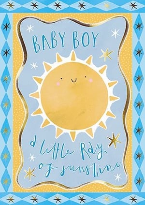 Welcome a precious new arrival with this charming "Baby Boy" card from the Great British Card Company. Adorned with a cheerful smiling sun and the heartwarming message "a little Ray of sunshine," it's the perfect way to congratulate new parents. The delightful design features soft blues and sunny yellows, enhanced with sparkling gold details and stars, creating a truly joyful feel. Offer your customers this lovely card, available in a convenient 1x6 pack, ensuring you're always stocked for those special new baby moments. A sweet and memorable choice for any baby boy celebration.