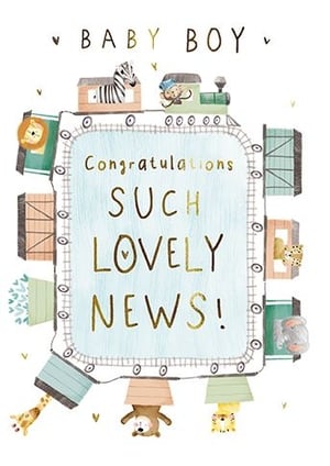 Welcome a new arrival with our delightful 'Birth Congrats Boy' card! This charming design features a whimsical train carrying a host of adorable safari animals, including a cheeky monkey, a friendly lion, and a striped zebra. Adorned with a sweet message of 'Congratulations SUCH LOVELY NEWS!' in elegant gold lettering, it's the perfect way to celebrate a baby boy. The soft, gentle colours and playful illustrations make this card truly special. From the Great British Card Company, each pack contains 6 cards, ready for your customers to share their heartfelt congratulations.