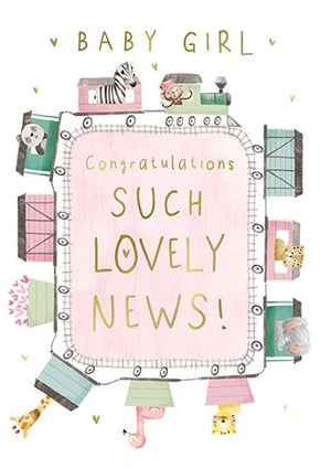 Welcome a precious new arrival with this utterly charming 'Baby Girl' congratulations card! Featuring a delightful animal train, complete with a playful monkey, a striped zebra, and a host of other adorable creatures peeking out from colourful carriages. The sweet pink banner proudly announces "Congratulations SUCH LOVELY NEWS!", making it the perfect way to share in the joy. With its whimsical illustrations and soft, inviting colours, this card is a truly special way to celebrate the birth of a baby girl. It's sure to be treasured by new parents.
