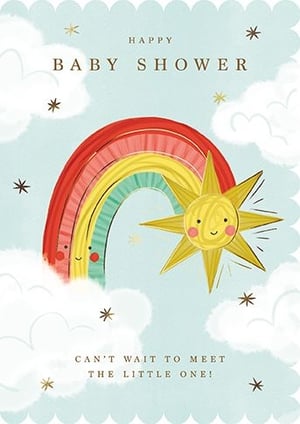 Welcome new arrivals with this enchanting 'Baby Shower' card, a delightful offering from the Great British Card Company. This charming design features a whimsical rainbow and a beaming sun, nestled amongst soft clouds and sparkling stars, all brought to life with cute, smiling faces. The heartfelt message, 'Happy Baby Shower, Can't wait to meet the little one!', makes it perfect for celebrating expectant parents. Supplied in a convenient pack of 6 (1x6), these cards are a wonderful addition to your greeting card range, ready to bring joy to any baby shower celebration.