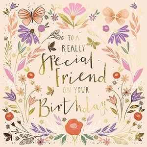 Celebrate a truly special friend's birthday with this exquisite card from the Great British Card Company. Adorned with a beautiful, whimsical floral design featuring delicate butterflies and a warm, inviting colour palette, this card is sure to bring a smile. The heartfelt message, "To a Really Special Friend On Your Birthday," is elegantly scripted in shimmering gold, making it a truly memorable way to send your best wishes. Perfect for retailers looking to offer a touch of charm and warmth, these delightful cards come in a convenient pack of six, ready to brighten any display. A wonderful choice for any female friend.