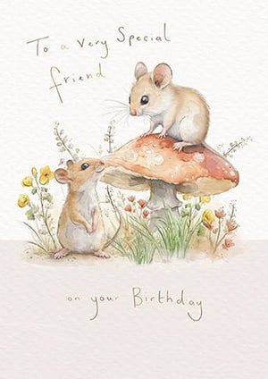 Send warm birthday wishes with this utterly charming card, featuring two adorable mice in a delightful watercolour scene. One little mouse perches on a toadstool, while its friend looks up from below, surrounded by delicate wildflowers and lush greenery.
The heartfelt message "To a very Special friend on your Birthday" makes it the perfect choice for celebrating a cherished female friend. From the renowned Great British Card Company, this card combines beautiful artistry with a touch of whimsy. Available in a convenient pack of 6.