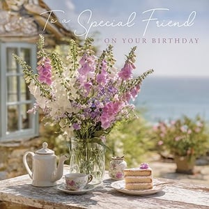 Delight a cherished friend on her birthday with this exquisite card, part of our 'Friend Female' range from the Great British Card Company. The charming design captures a serene moment with a beautiful bouquet of foxgloves and wildflowers, a delicate teacup, and a slice of cake, all set against a picturesque coastal cottage backdrop. The tranquil sea view adds to its idyllic appeal, making it the perfect way to send warm wishes. This thoughtful card is ideal for celebrating a special female friend. Each pack contains 6 cards, ready to bring joy to your customers.