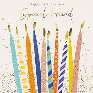 Help your customers celebrate their most cherished friendships with this delightful birthday card from the Great British Card Company. Adorned with a vibrant array of patterned candles, each with a golden, flickering flame, this card radiates warmth and joy. Playful confetti and sparkling accents add a touch of festive magic, creating an eye-catching design.
The elegant gold script beautifully conveys "Happy Birthday to a Special Friend," making it the perfect choice for a wonderful female friend. Available in a convenient 1x6 pack size, this charming card is an essential addition to your greeting card selection, ready to bring a smile to any friend's face.