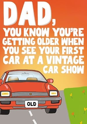Give Dad a chuckle with this hilarious greeting card from the Great British Card Company! Featuring a classic vintage car with an 'OLD' license plate, this card playfully reminds him that he's getting older when his first car starts appearing at vintage shows.

The vibrant orange and yellow background adds a cheerful touch, making it a great choice for birthdays, Father's Day, or just to bring a smile to his face. This witty design is sure to be a hit with any car-loving Dad. Available in a convenient pack of 6, it's a fantastic addition to your card selection. Stock up on this popular 'Dad' card today!