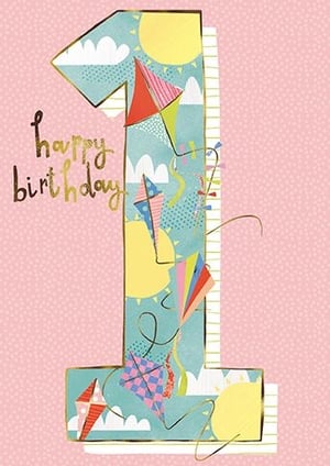 Mark a magical milestone with this enchanting 'Age 1 Female' birthday card, proudly brought to you by the Great British Card Company. The vibrant design showcases a playful number '1', beautifully adorned with cheerful suns, whimsical clouds, and an array of colourful kites soaring across a sky-blue backdrop. Golden "happy birthday" lettering adds a touch of celebratory shimmer, all framed by a lovely dotted pink background. This delightful card is perfect for celebrating a little girl's very first birthday. Stock up with our convenient pack of 6.