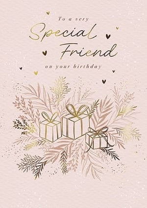 Celebrate the special bonds of friendship with this beautiful birthday card, perfect for a cherished female friend. Featuring a soft pink background adorned with delicate botanical illustrations and charming gift boxes, this design exudes elegance and warmth. The heartfelt message, 'To a very Special Friend on your birthday,' is highlighted in shimmering gold script, complemented by subtle heart accents and sparkling details. Crafted with care by the Great British Card Company, this card offers a thoughtful way to convey your best wishes. It’s an ideal choice for customers seeking a stylish and meaningful card for their friends. Available in a convenient wholesale pack of six.