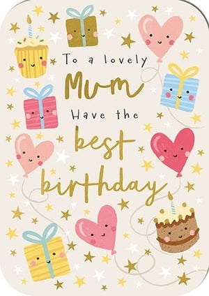 Make Mum's day extra special with this delightful birthday card from the Great British Card Company. Featuring an array of adorable, smiling illustrations including sweet cupcakes, charming presents, and cheerful heart-shaped balloons, all set against a backdrop of sparkling stars. The warm message, 'To a lovely Mum Have the best birthday,' is beautifully presented in a mix of elegant script and bold gold lettering. This card is perfect for conveying heartfelt wishes and is sure to bring a smile to any Mum's face. Stock up on this lovely design, available in a convenient pack of 6, and offer your customers a truly charming option for celebrating their wonderful Mums.