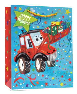Make any birthday celebration extra special with our Large Tractor Gift Bag! This vibrant bag features a cheerful red tractor, complete with a friendly face, delivering a stack of colourful presents. The bright blue background is adorned with playful stars and confetti, creating a truly festive atmosphere.
A charming green star-shaped tag proudly displays "HAPPY BIRTHDAY," adding a delightful touch. The sturdy yellow rope handle ensures easy carrying, while the star-patterned red side panel completes the fun design. Perfect for children's gifts, this large bag offers ample space for all sorts of treats.
Stock up on these delightful bags from Simon Elvin, available in a convenient pack of 6, ideal for your retail offering.