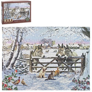 Bring the magic of a winter wonderland into your home with the 'Wonderful Time Of The Year Donkeys Jigsaw Puzzle 1000 Pieces' from Lesser and Pavey Ltd. This delightful single puzzle captures a heartwarming snowy scene, perfect for cosy evenings. Three charming donkeys peer over a rustic gate, while a friendly dog and two curious cats enjoy the fresh snow below. Look closely and you'll spot a cheerful robin and elegant pheasants amidst festive holly. With 1000 pieces, this beautiful puzzle offers hours of engaging fun for all the family, revealing a picturesque village nestled in the snow. A truly wonderful way to celebrate the season!