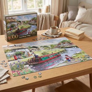 Introduce your customers to the serene beauty of the British waterways with our Canal Barge Village Jigsaw Puzzle. This charming 1000-piece puzzle, supplied by Lesser and Pavey Ltd., depicts a vibrant canal scene, perfect for hours of relaxing enjoyment. Watch as a colourful barge glides past quaint thatched cottages, a traditional red post box, and lush village greenery. The detailed artwork showcases playful swans and ducks on the water, with villagers enjoying the peaceful surroundings. This captivating puzzle offers a wonderful escape, inviting enthusiasts to piece together a truly idyllic British landscape. Each pack contains a single, high-quality jigsaw, ready to delight.