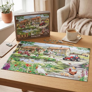 Escape to the charming countryside with our delightful Farmyard Jigsaw Puzzle. This 1000-piece puzzle beautifully depicts a picturesque farm scene, offering hours of relaxing enjoyment. Piece together traditional stone buildings, a vibrant red tractor, and a lively collection of farm animals, including playful chickens and graceful ducks by the water. Surrounded by colourful flowers and lush greenery, this serene rural landscape provides a wonderful challenge for puzzle enthusiasts. Unwind and create a stunning image that captures the heart of the farm. Available as a single pack, it's an ideal gift or a treat for yourself.