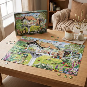 Bring the charm of a British garden indoors with our delightful Garden Birds Jigsaw Puzzle. This beautiful 1000-piece puzzle, from Lesser and Pavey Ltd., features a vibrant scene bustling with feathered friends around a grand bird feeder. Piece together colourful robins, busy blue tits, and a striking woodpecker amidst a backdrop of blooming flowers, garden tools, and a quaint shed. Perfect for bird lovers and puzzle enthusiasts alike, this single-pack jigsaw offers hours of relaxing entertainment. Its intricate details and rich colours make it a truly engaging challenge. A wonderful addition to any retail collection, sure to captivate your customers.
