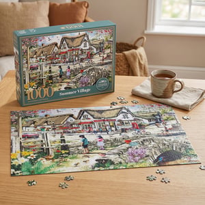 Step into the serene beauty of a 'Summer Village' with this delightful 1000-piece jigsaw puzzle. This charming scene captures the essence of a perfect day, featuring quaint thatched cottages, a picturesque bridge, and vibrant floral displays. As you piece it together, discover delightful details like children observing birds, a classic red telephone box, and villagers enjoying the sunshine. This high-quality puzzle from the Leonardo Collection offers hours of engaging fun and a wonderful way to relax. It's an ideal gift or a treat for any puzzle lover looking for a peaceful escape.