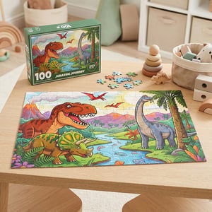 Bring the prehistoric world to life with our captivating Jurassic Journey Jigsaw Puzzle! This vibrant 100-piece puzzle, supplied by Lesser and Pavey Ltd., invites children on an exciting adventure back to the age of dinosaurs.

Featuring a mighty T-Rex, a friendly Brachiosaurus, and a sturdy Triceratops amidst a colourful landscape of volcanoes and rivers, it's packed with detail to delight young explorers. Each single-pack puzzle offers hours of engaging fun, helping to develop problem-solving skills and fine motor coordination. A perfect addition to any toy collection, this puzzle promises endless entertainment and imaginative play for budding palaeontologists.