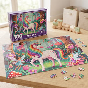 Unleash a world of wonder with our enchanting Fairytale Jigsaw Puzzle! This beautiful 100-piece puzzle invites children into a magical forest, where a magnificent unicorn with a vibrant rainbow mane and tail roams freely. Surrounded by delightful fairies, colourful flowers, and friendly woodland creatures, every piece tells a story.

Designed to captivate young imaginations, this puzzle offers a charming challenge that helps develop problem-solving skills and fine motor coordination. The rich, detailed artwork and bright colours make it a joy to assemble. Perfect for gifting or a rainy-day activity, this single pack puzzle promises hours of engaging fun for little ones. Bring the magic home today!