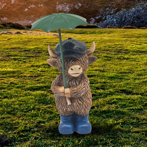 Introduce a heartwarming touch to your retail collection with the 'Highland Cow Rainy Days' figurine, proudly supplied by Lesser and Pavey Ltd. This charming single-pack item captures the spirit of the Scottish Highlands, featuring a beloved shaggy cow sporting a dapper flat cap and sturdy blue wellington boots. Ready for any downpour with its trusty green umbrella, this delightful ornament is perfect for adding character to gardens, patios, or indoor spaces. A unique and endearing piece that your customers will adore, bringing a smile whatever the weather. Offer this charming character to your clientele today!