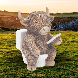 Add a touch of whimsical charm to your garden or home with this delightful Highland Cow On The Throne With Phone ornament from Lesser and Pavey Ltd. This unique piece captures a shaggy Highland cow in a truly unexpected moment, comfortably seated on a toilet and engrossed in its phone. Crafted with wonderful detail, from its iconic horns to its shaggy coat, this single ornament is sure to be a conversation starter. Perfect for adding a humorous and quirky touch to any space, it's an absolute must-have for those who appreciate a bit of fun and originality. Stock up on these popular singles today!