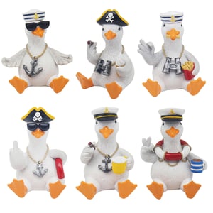 Bring a wave of personality to your shelves with our Steven Seagull 6 Asstd collection from Lesser and Pavey Ltd! This charming pack of six unique nautical and pirate-themed figures is designed to delight. Each seagull boasts its own distinct character, from the cool captain in shades with an anchor necklace, to the adventurous pirate with binoculars and a cigar, and the relaxed sailor enjoying a refreshing drink. Crafted with delightful detail, these quirky characters are perfect for adding a touch of seaside fun to any home, garden, or office. Ideal for gifting or as a playful collectible, this 1x6 assortment is sure to be a firm favourite with your customers.