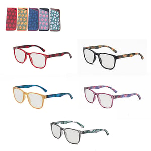 Introduce a splash of colour and practicality to your customers' everyday with our fantastic Reading Glasses 5 Assorted pack from Lesser and Pavey Ltd. This wholesale offering includes 25 pairs, featuring five distinct and vibrant designs to cater to every taste.
Each pair boasts a stylish frame with beautifully patterned arms, ranging from bold florals to eye-catching abstract motifs. The assortment includes striking reds, sophisticated blacks, sunny yellows, elegant purples, and subtle greys, ensuring a perfect match for any personality. What's more, every pair comes complete with its own matching soft case, adding an extra touch of convenience and style.
These reading glasses are not just functional; they're a fashion statement! A brilliant addition to any retail collection, offering your customers quality, variety, and flair.